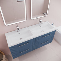 Balterley Belvide Partial Fluted 4 Drawer Wall Hung Vanity Unit With Double Polymarble Basin - 1200mm - Satin Blue - thumbnail 3