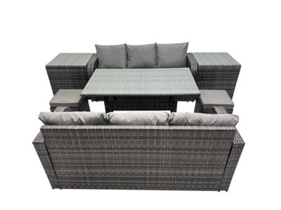 Fimous 8 Seat Outdoor Wicker Pe Rattan Garden Furniture Set Dining Table Sofa Set With 2 Small Stool 2 Side Tables Dark Grey Mixed - image 1