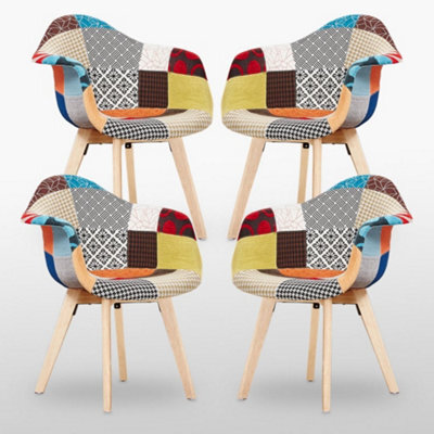 Life Interiors Set Of 4 Multicolor Patchwork Fabaric Upholstered Accent Chairs With Wooden Legs, Mid-Century Modern Armchair - image 1