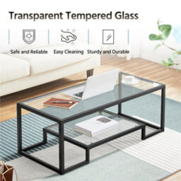 Yaheetech 2-Layer Tempered Glass Coffee Table For Living Room Black - thumbnail 5