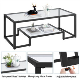 Yaheetech 2-Layer Tempered Glass Coffee Table For Living Room Black - thumbnail 4