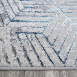 Loomed Blue Grey Distressed Abstract Metallic Geometric Living Runner Rug 70X240Cm - thumbnail 3
