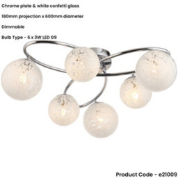 Loops Chrome Semi Flush Low Ceiling Light - White Confetti Multi Arm Glass - 6 X 3W Led G9 - thumbnail 2