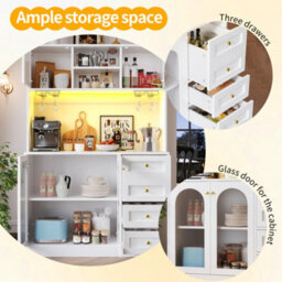 Abrihome Sideboard Storage Cabinet 120X40X188Cm Farmhouse Buffet With Led Lights & Drink Holders, 4 Doors Fluted Glass, White - thumbnail 5