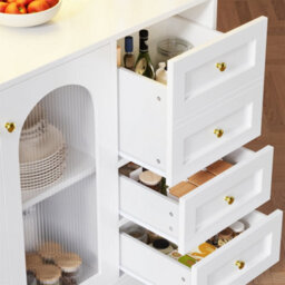 Abrihome Sideboard Storage Cabinet 120X40X188Cm Farmhouse Buffet With Led Lights & Drink Holders, 4 Doors Fluted Glass, White - thumbnail 7