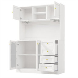 Abrihome Sideboard Storage Cabinet 120X40X188Cm Farmhouse Buffet With Led Lights & Drink Holders, 4 Doors Fluted Glass, White - thumbnail 9