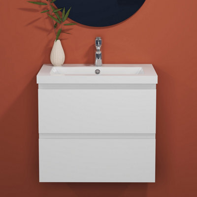 Sline 600mm Wall Mounted Bathroom Vanity Unit With Ceramic Basin,2 Soft Close Drawers For Storage,white,flat Packed - image 1