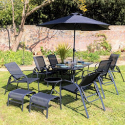 Primrose 6 Seater Garden Furniture Outdoor Set With Parasol Reclining Chairs Glass Table Stools In Black - thumbnail 8