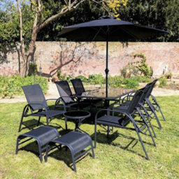 Primrose 6 Seater Garden Furniture Outdoor Set With Parasol Reclining Chairs Glass Table Stools In Black