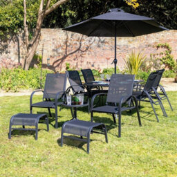 Primrose 6 Seater Garden Furniture Outdoor Set With Parasol Reclining Chairs Glass Table Stools In Black - thumbnail 7