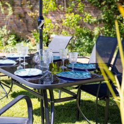 Primrose 6 Seater Garden Furniture Outdoor Set With Parasol Reclining Chairs Glass Table Stools In Black - thumbnail 2
