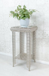Downton Interiors Silver Embossed Metal Mirrored Glass Side Table With Shelf - thumbnail 1