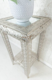 Downton Interiors Silver Embossed Metal Mirrored Glass Side Table With Shelf - thumbnail 4