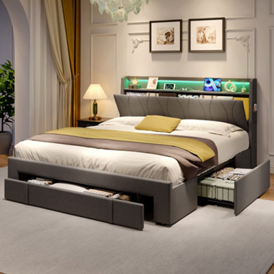Abrihome 4Ft6 Double Upholstered Bed With Led Headboard, Charging Station & 3 Storage Drawers. Grey Linen Fabric. No Mattress - image 1
