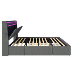 Abrihome 4Ft6 Double Upholstered Bed With Led Headboard, Charging Station & 3 Storage Drawers. Grey Linen Fabric. No Mattress - thumbnail 8