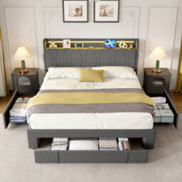 Abrihome 4Ft6 Double Upholstered Bed With Led Headboard, Charging Station & 3 Storage Drawers. Grey Linen Fabric. No Mattress - thumbnail 2