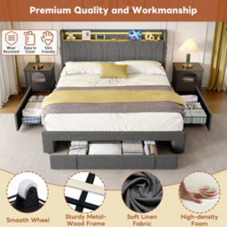 Abrihome 4Ft6 Double Upholstered Bed With Led Headboard, Charging Station & 3 Storage Drawers. Grey Linen Fabric. No Mattress - thumbnail 5