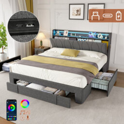 Abrihome 4Ft6 Double Upholstered Bed With Led Headboard, Charging Station & 3 Storage Drawers. Grey Linen Fabric. No Mattress - thumbnail 6