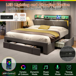 Abrihome 4Ft6 Double Upholstered Bed With Led Headboard, Charging Station & 3 Storage Drawers. Grey Linen Fabric. No Mattress - thumbnail 4
