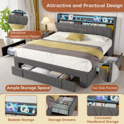 Abrihome 4Ft6 Double Upholstered Bed With Led Headboard, Charging Station & 3 Storage Drawers. Grey Linen Fabric. No Mattress - thumbnail 7