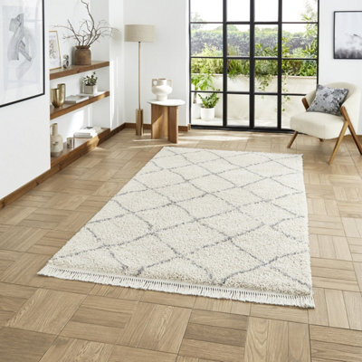 Cream Geometric Shaggy Rug, Stain-Resistant 45mm Thick Modern Rug For Bedroom, Living Room, & Dining Room-160Cm X 230Cm - image 1