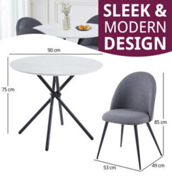 Hallowood Furniture Cullompton Small Round White Marble Effect Dining Table 90Cm With 4 Curved-Back Grey Fabric Chairs - thumbnail 3