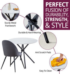 Hallowood Furniture Cullompton Small Round White Marble Effect Dining Table 90Cm With 4 Curved-Back Grey Fabric Chairs - thumbnail 2