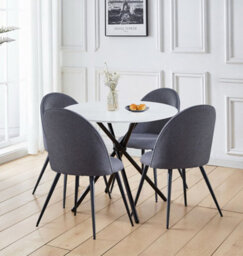 Hallowood Furniture Cullompton Small Round White Marble Effect Dining Table 90Cm With 4 Curved-Back Grey Fabric Chairs
