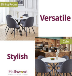 Hallowood Furniture Cullompton Small Round White Marble Effect Dining Table 90Cm With 4 Curved-Back Grey Fabric Chairs - thumbnail 6