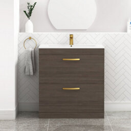 Royal Bathrooms Turin Grey Elm 800mm Floor Standing Vanity Unit 2 Drawer With Minimalist Basin Sink & Brushed Brass Handles - thumbnail 1