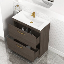 Royal Bathrooms Turin Grey Elm 800mm Floor Standing Vanity Unit 2 Drawer With Minimalist Basin Sink & Brushed Brass Handles - thumbnail 5
