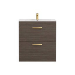 Royal Bathrooms Turin Grey Elm 800mm Floor Standing Vanity Unit 2 Drawer With Minimalist Basin Sink & Brushed Brass Handles - thumbnail 6