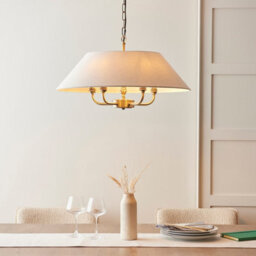 Luminosa Lighting Luminosa Lille Multi Arm Pendant Ceiling Light Antique Brass Plate & Natural Faux Linen 5X B22 - thumbnail 2
