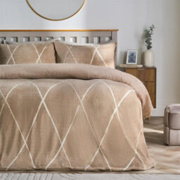 Ohs Diamond Check Teddy Fleece Bedding Set Duvet Cover With Pillowcase, Natural - King - thumbnail 1