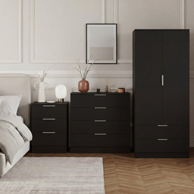Lassic Vida Designs Trega 3 Piece Bedroom Set (3 Drawer Bedside Chest, 4 Drawer Chest, 2 Door 2 Drawer Wardrobe) Black - image 1