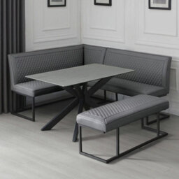 Xample Indus Valley Arden Ceramic Dining Table Set Grey Corner Bench Low Bench Black Iron Base Modern Dining Set Seats 6
