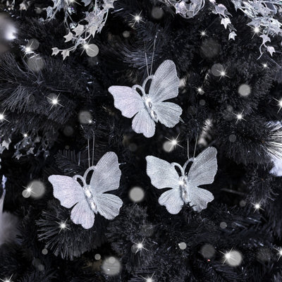 Melody Maison Set Of 3 Silver Glitter Jewelled Butterfly Christmas Decorations - 10Cm - image 1