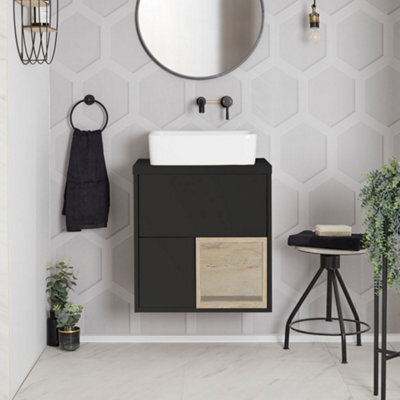 Homestylestore Black Grey 600mm Wall Hung Bathroom Vanity Unit With Square Countertop Basin And Led Lights - image 1