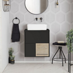 Homestylestore Black Grey 600mm Wall Hung Bathroom Vanity Unit With Square Countertop Basin And Led Lights - thumbnail 1