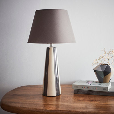 K Living Tall Ceramic Striped Table Lamps With Painted Grey Stripes And Matching Lampshades - image 1