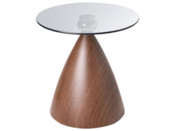 Wyld And Coco Mid-Century Modern Small Round Side Table - Brown Wood-Effect Cone Base, Black Iron Frame, Tempered Glass Top (45Cm) - thumbnail 1