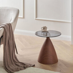 Wyld And Coco Mid-Century Modern Small Round Side Table - Brown Wood-Effect Cone Base, Black Iron Frame, Tempered Glass Top (45Cm) - thumbnail 2