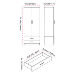 Oak, Black - 2-Door 2-Drawer Wardrobe With Storage Shelf, And Hanging Space - 180X75X46Cm - thumbnail 4