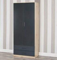 Oak, Black - 2-Door 2-Drawer Wardrobe With Storage Shelf, And Hanging Space - 180X75X46Cm