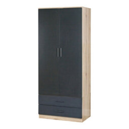 Oak, Black - 2-Door 2-Drawer Wardrobe With Storage Shelf, And Hanging Space - 180X75X46Cm - thumbnail 2