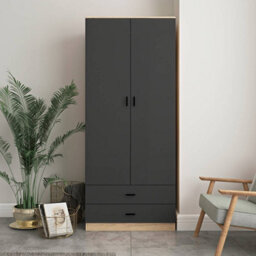 Oak, Black - 2-Door 2-Drawer Wardrobe With Storage Shelf, And Hanging Space - 180X75X46Cm - thumbnail 3