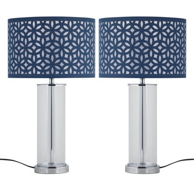 First Choice Lighting Set Of 2 Aura - Chrome Table Lamps With Navy Blue Cut Out Shades - image 1