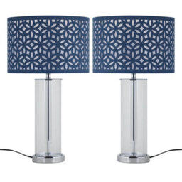 First Choice Lighting Set Of 2 Aura - Chrome Table Lamps With Navy Blue Cut Out Shades