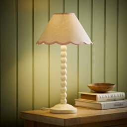 Valuelights Bobbin Pink Trim Linen Shade Cream Bobble Table Lamp
