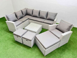 Fimous Outdoor Rattan Garden Furniture Set 10 Seater Corner Sofa Sets With Square Coffee Table Chair 3 Footstools Light Grey Mixed - thumbnail 2